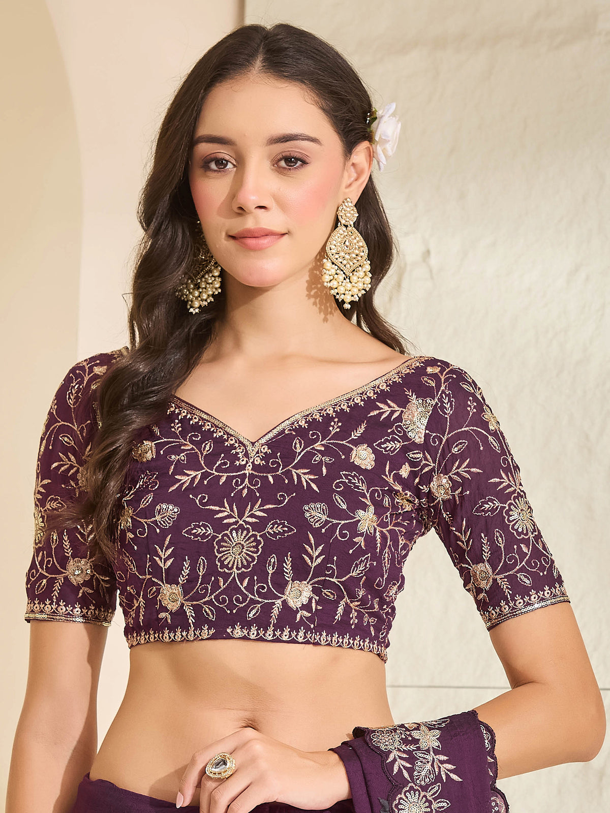 Unstitched purple georgette blouse piece with embellished design