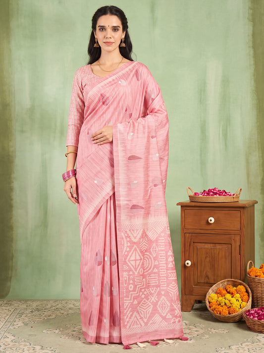 Woman wearing pink silk blend saree with embroidered motif work and pink blouse