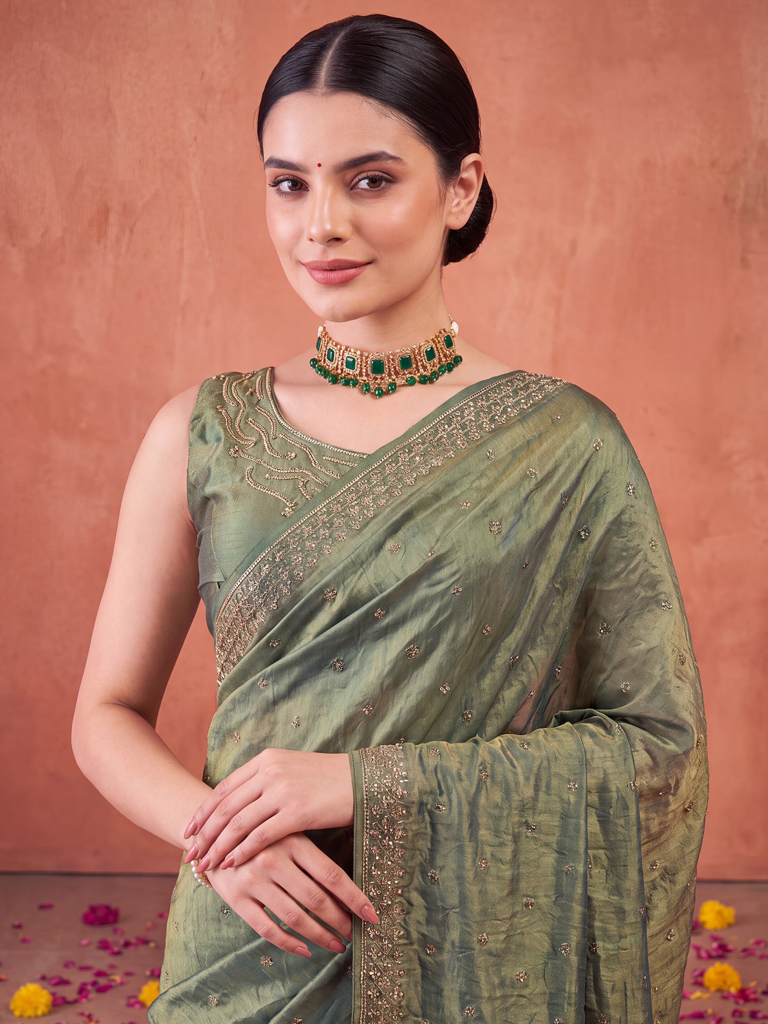 Olive Satin Silk saree – detail view 4