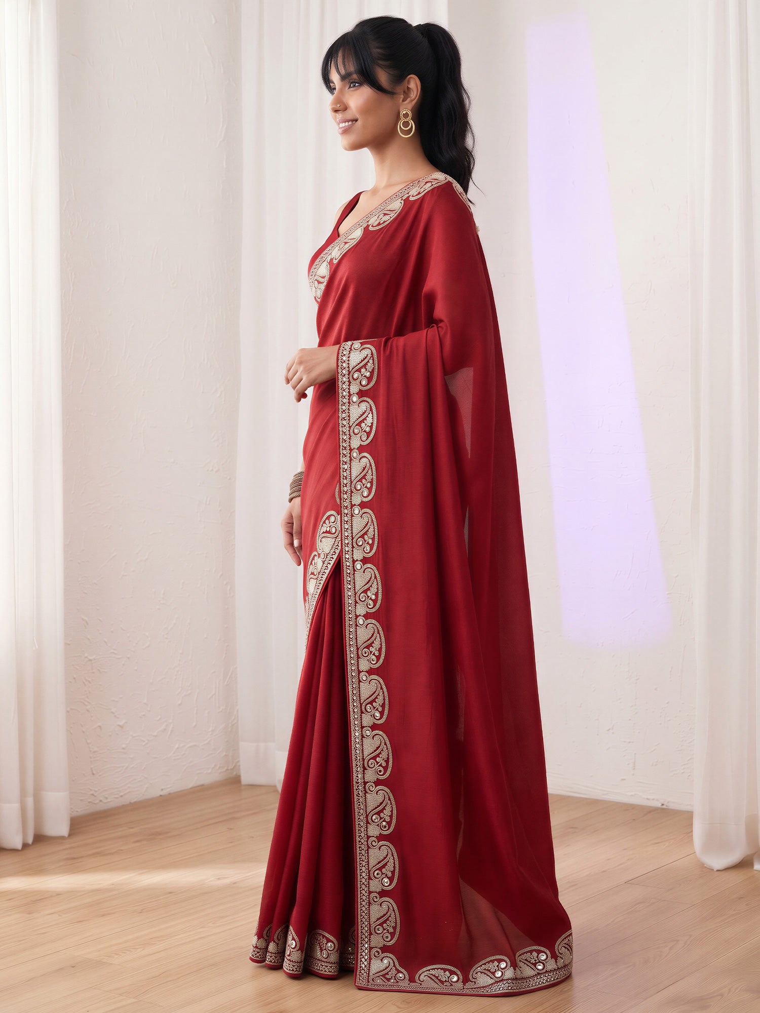 Maroon Vichitra Silk saree – detail view 2