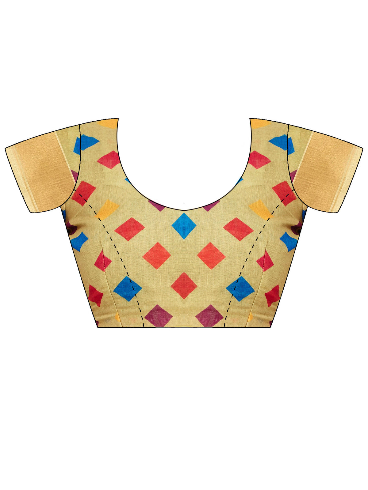 Unstitched beige linen blouse piece with geometric design