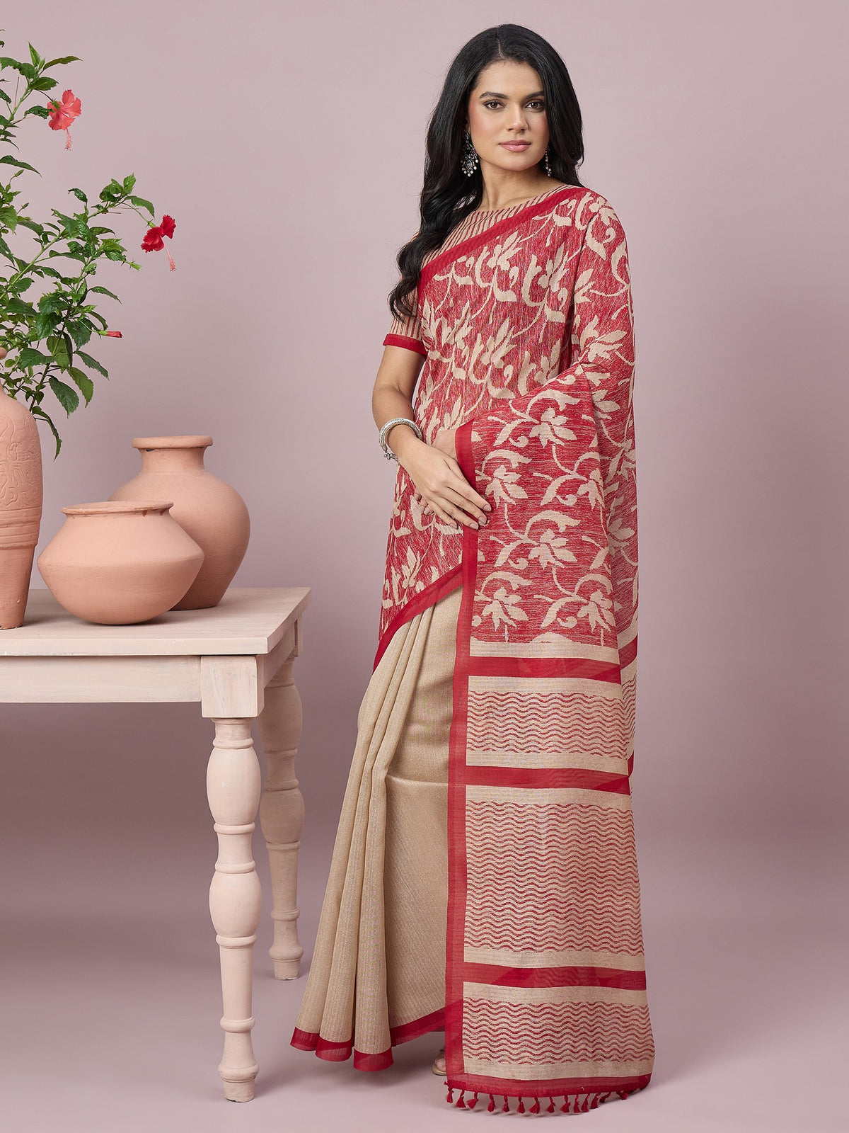 Beige cotton slub saree view 3