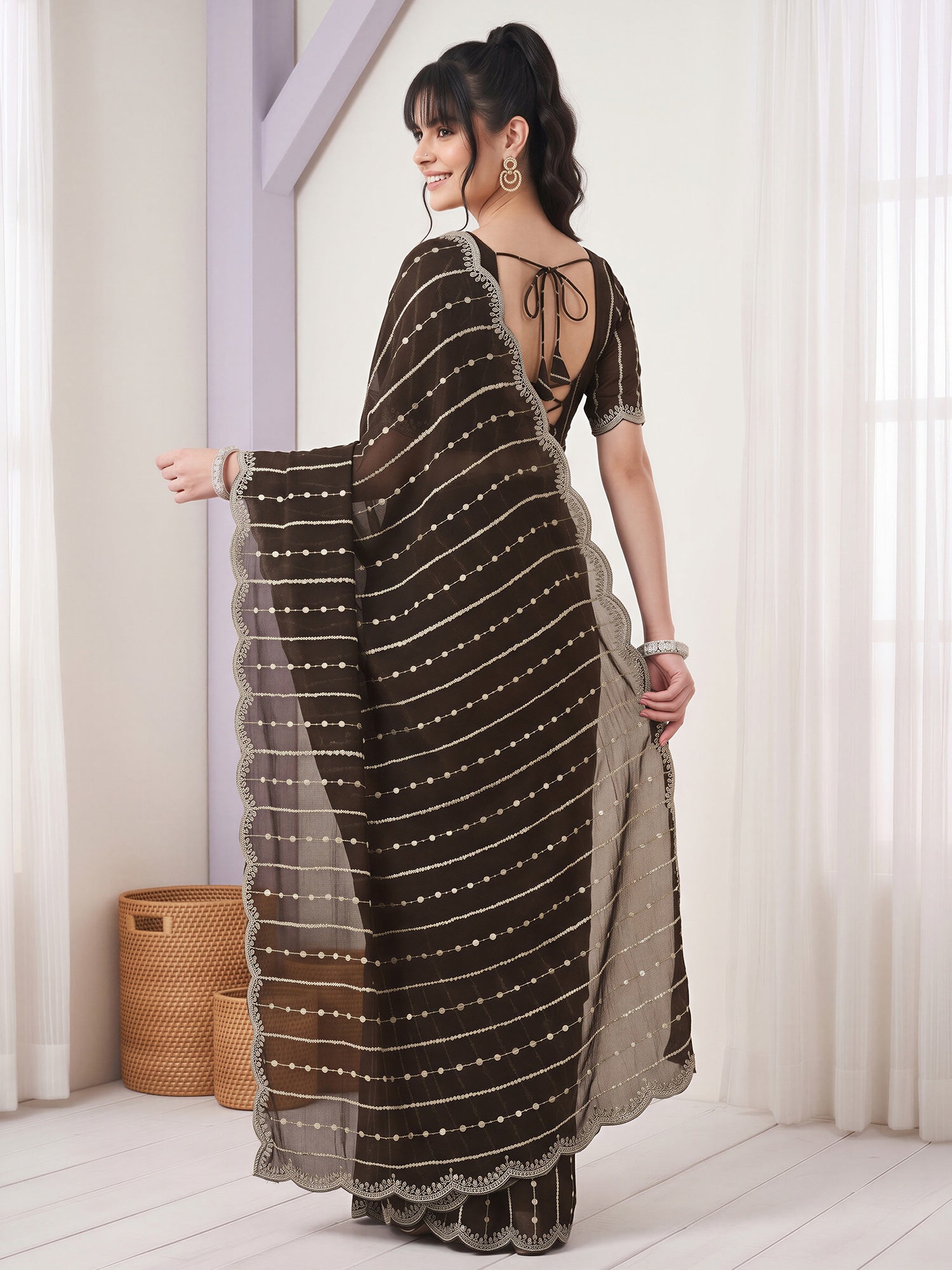 Olive Chiffon saree – detail view 1