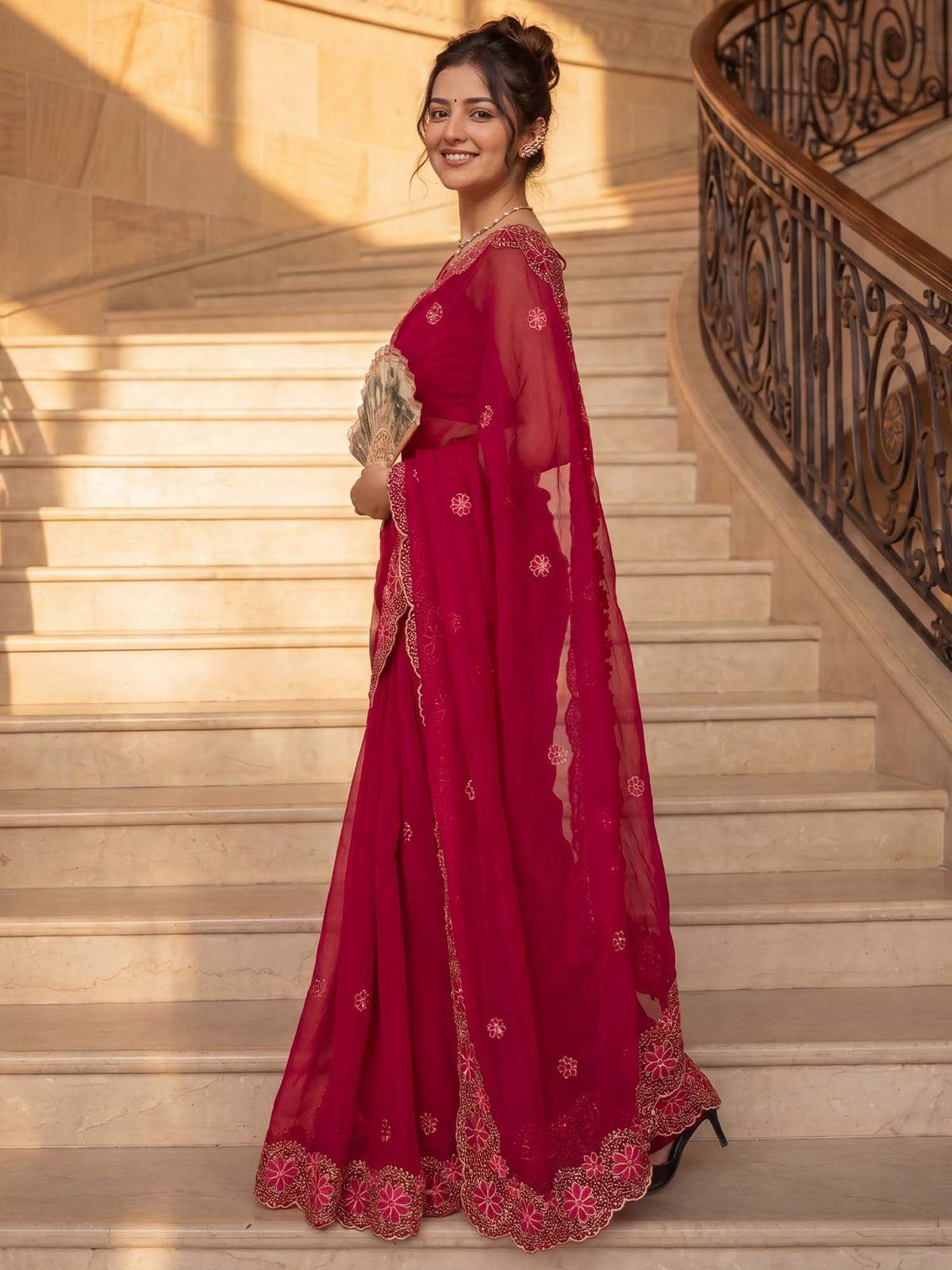 Red Chiffon saree – detail view 2