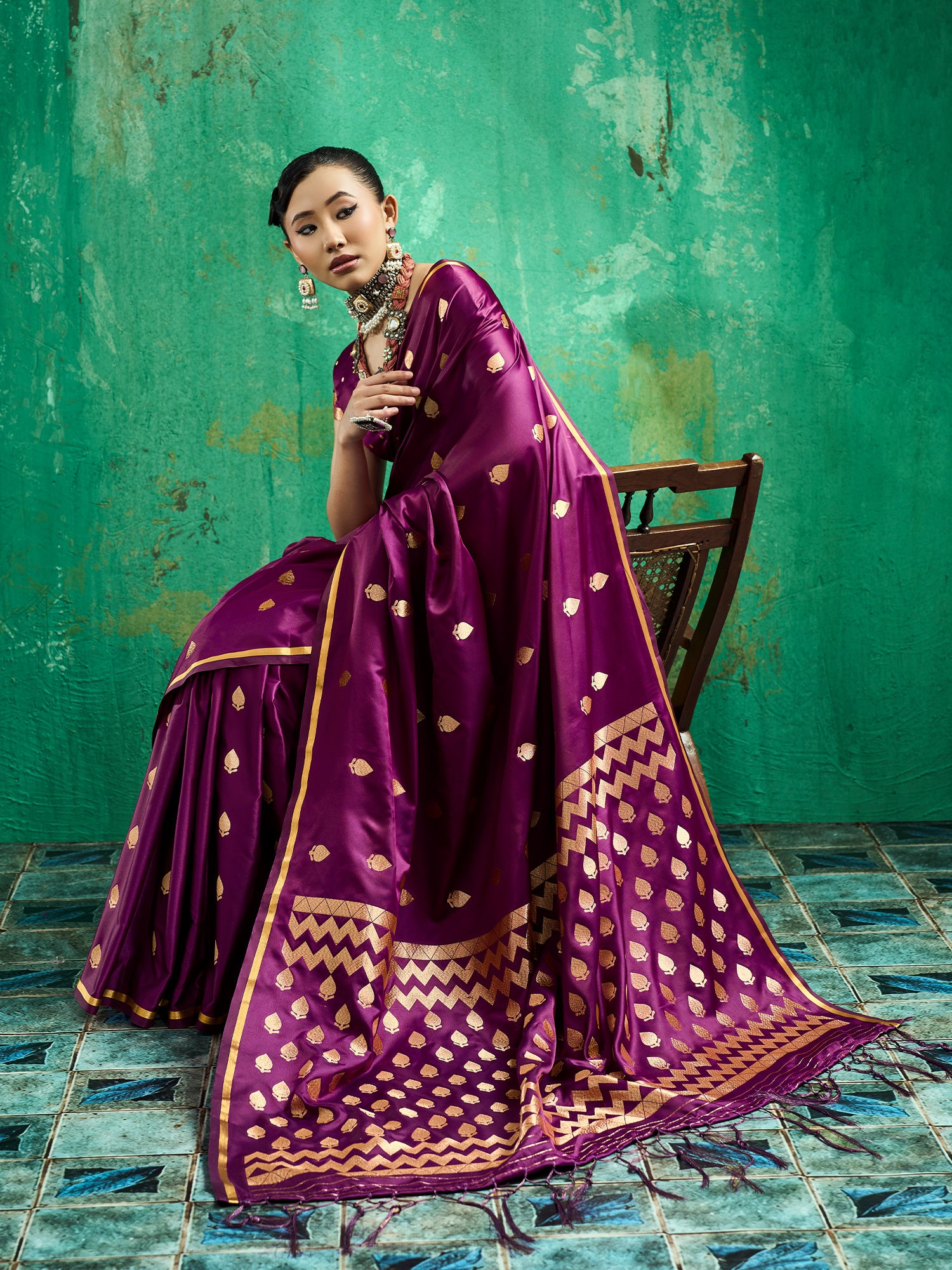 Wine Satin Silk saree – detail view 2