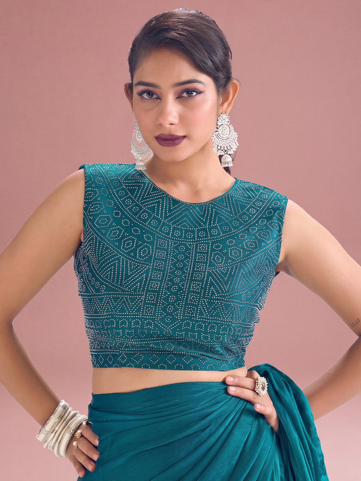 Unstitched teal blue satin silk blouse piece with embellished design