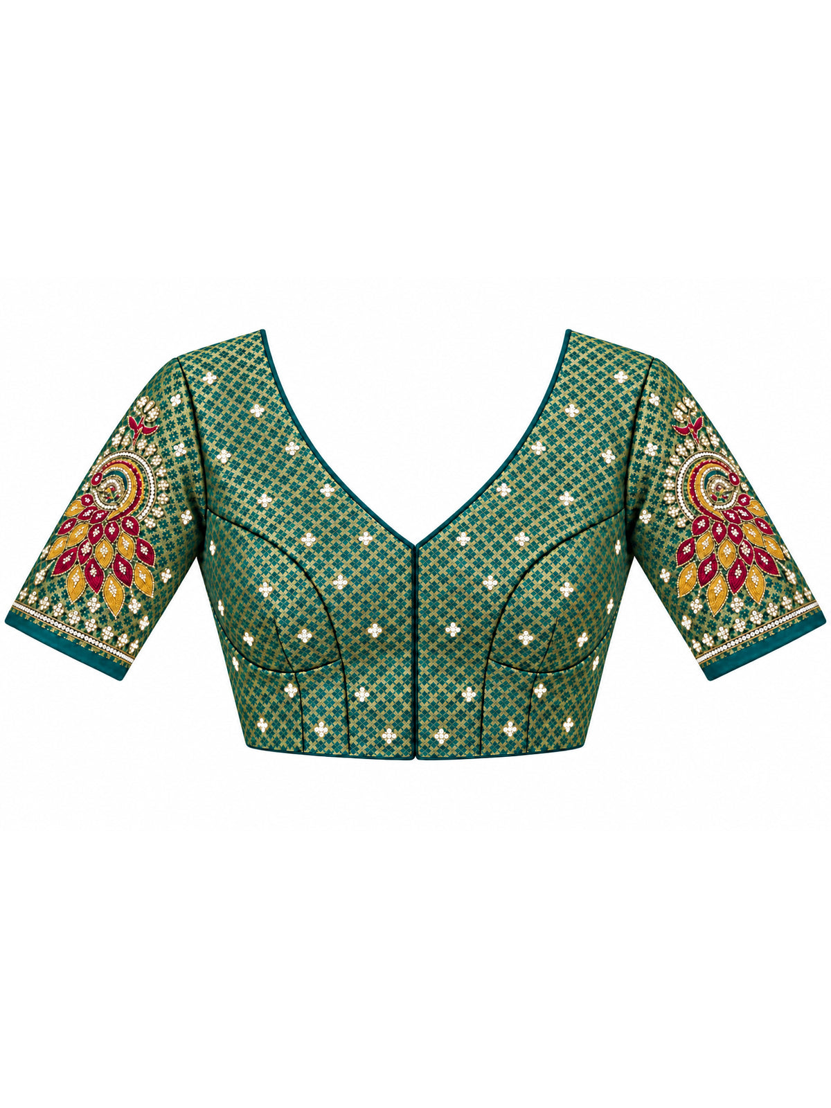 Unstitched teal green  blouse piece with embellished design