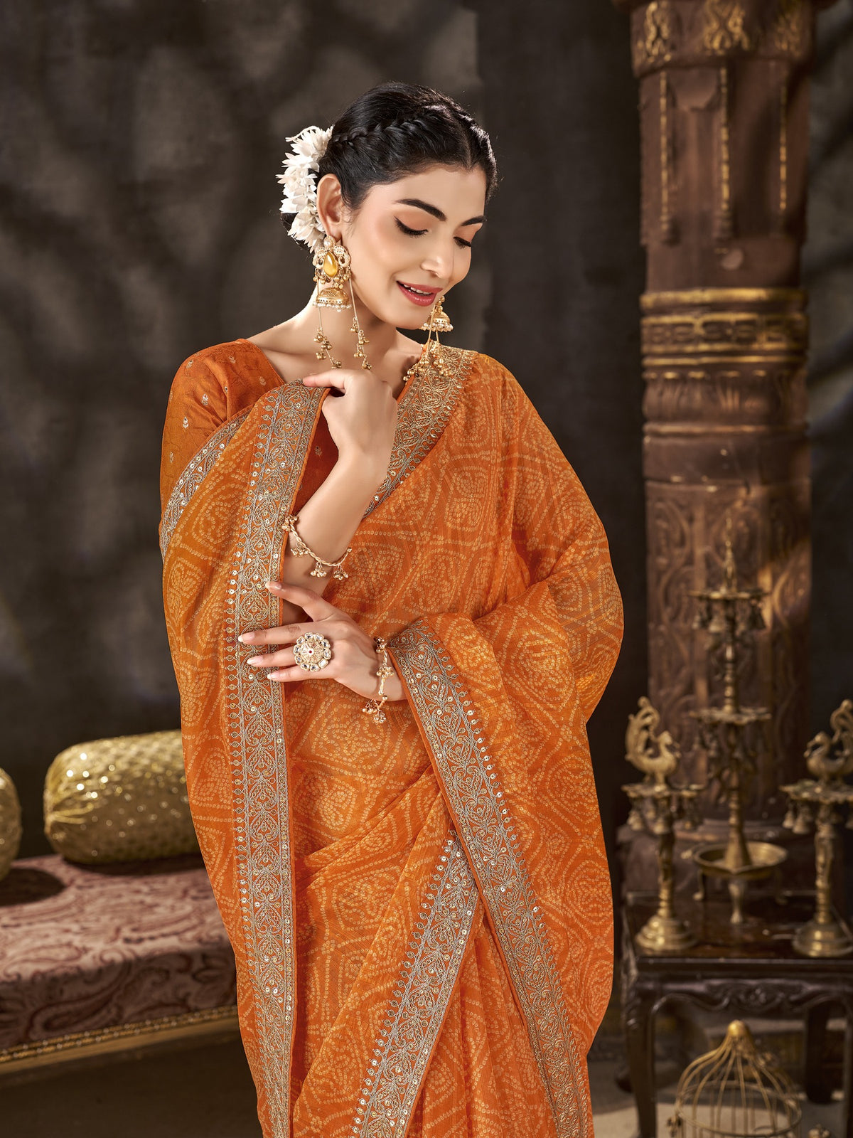 Orange Chiffon saree – detail view 4