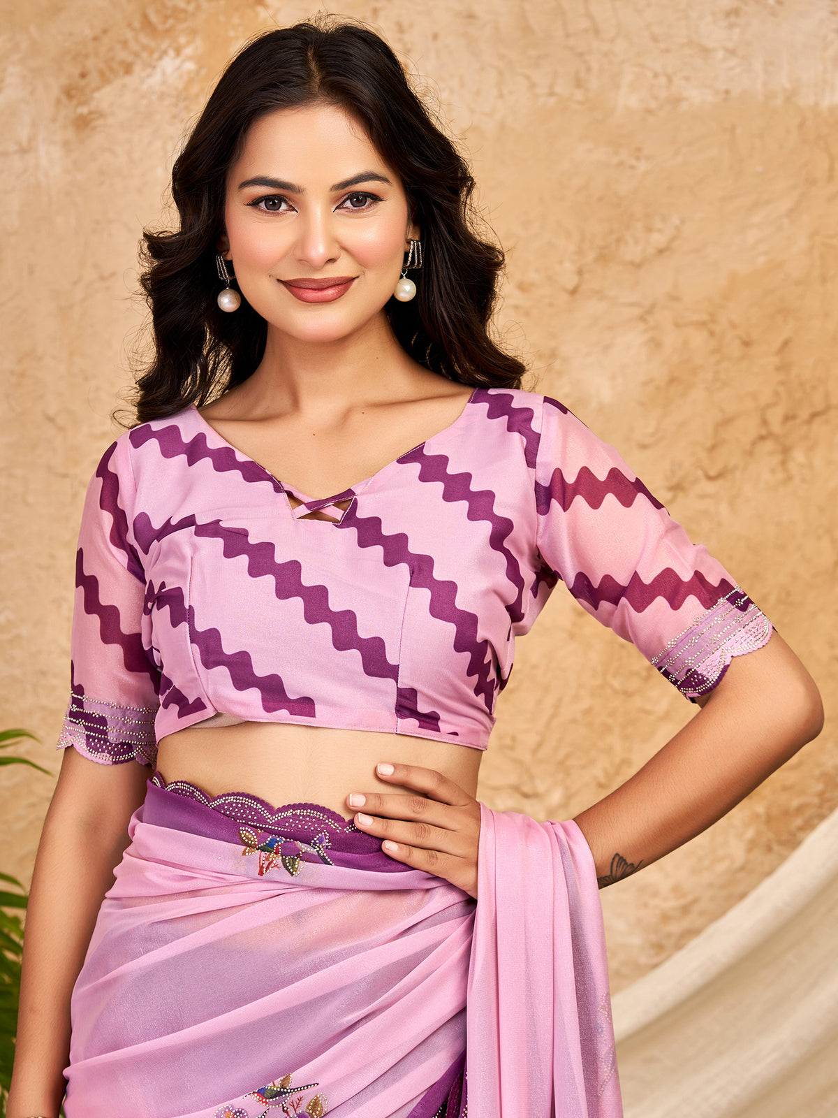 Unstitched pink georgette blouse piece with geometric design