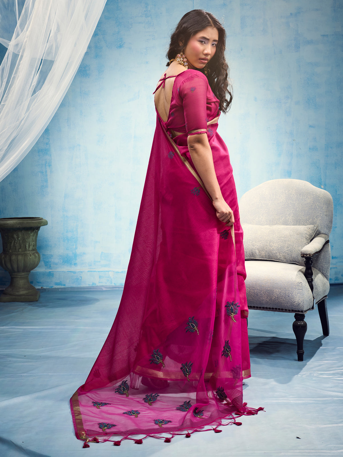 Pink Muga Cotton saree – detail view 1
