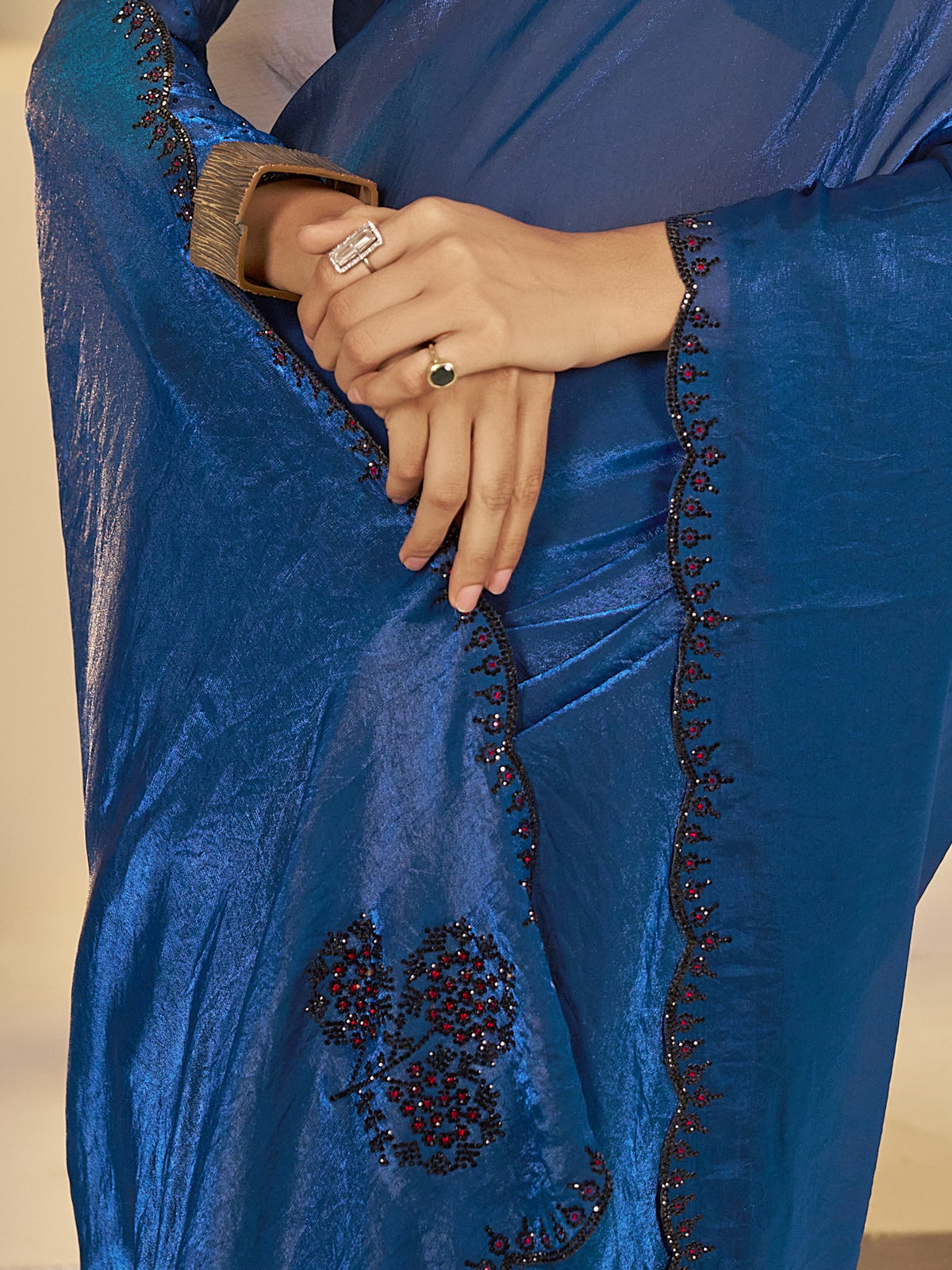 Teal Blue satin silk saree view 4