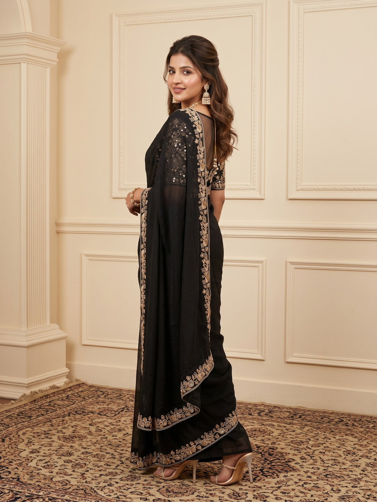 Black Vichitra Silk saree – detail view 2