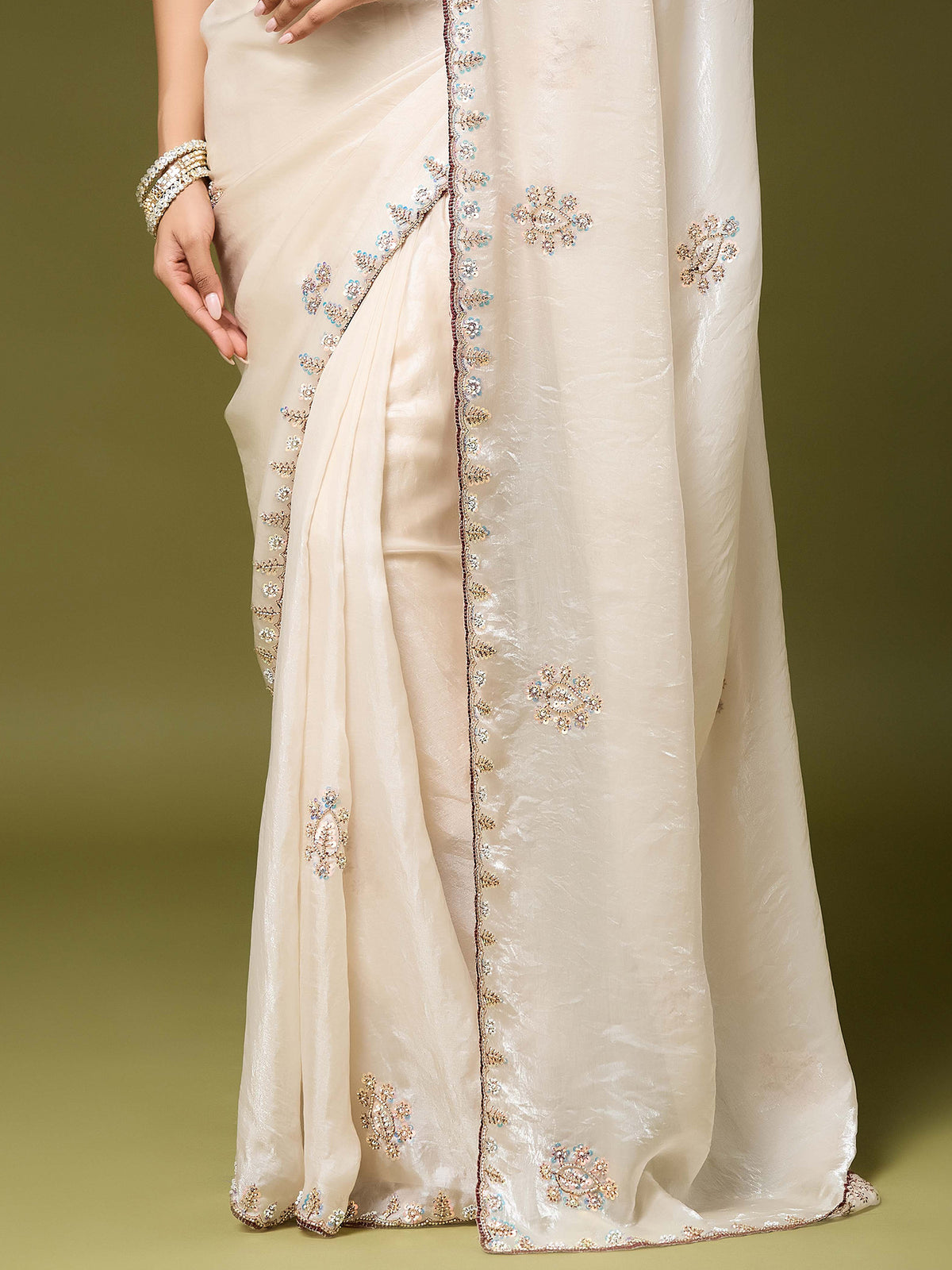 Off White Satin Silk saree – detail view 5