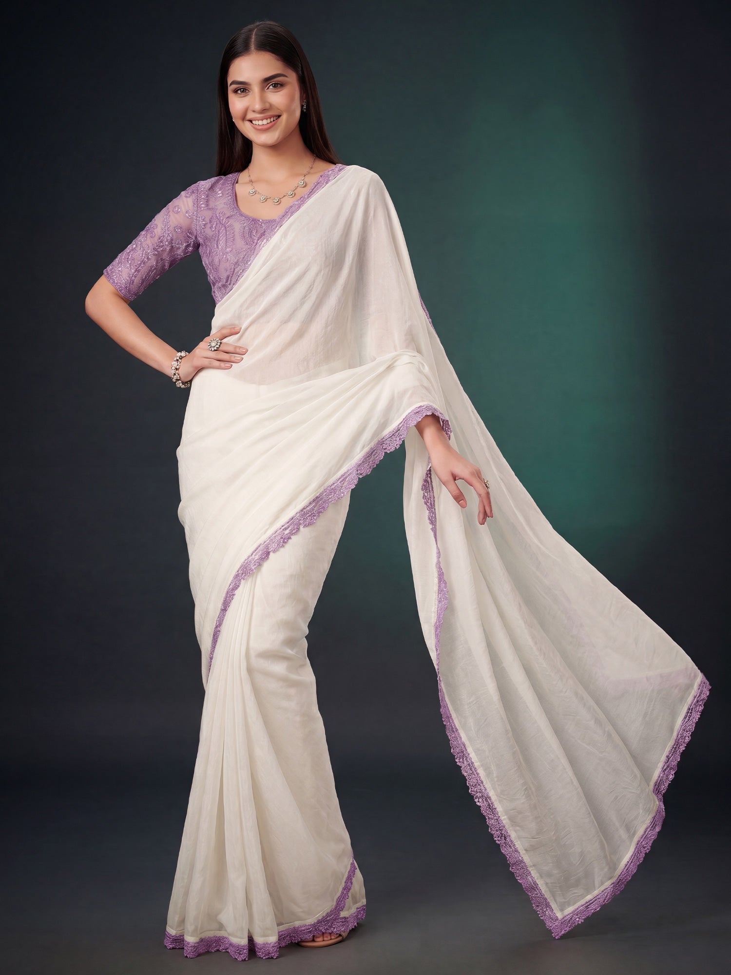 White Georgette saree – detail view 3