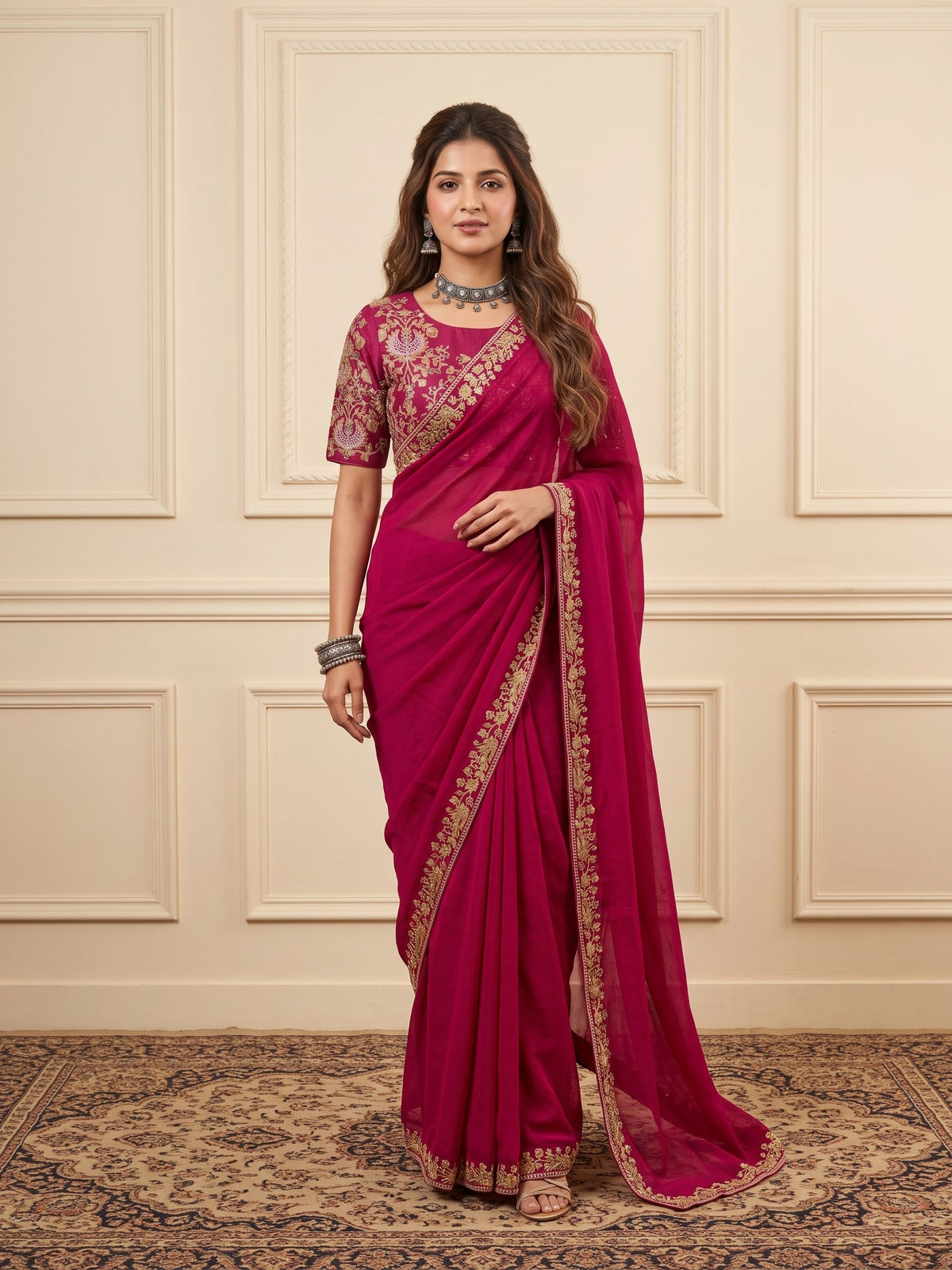 Woman wearing pink vichitra silk saree with ornamented surface design and pink blouse