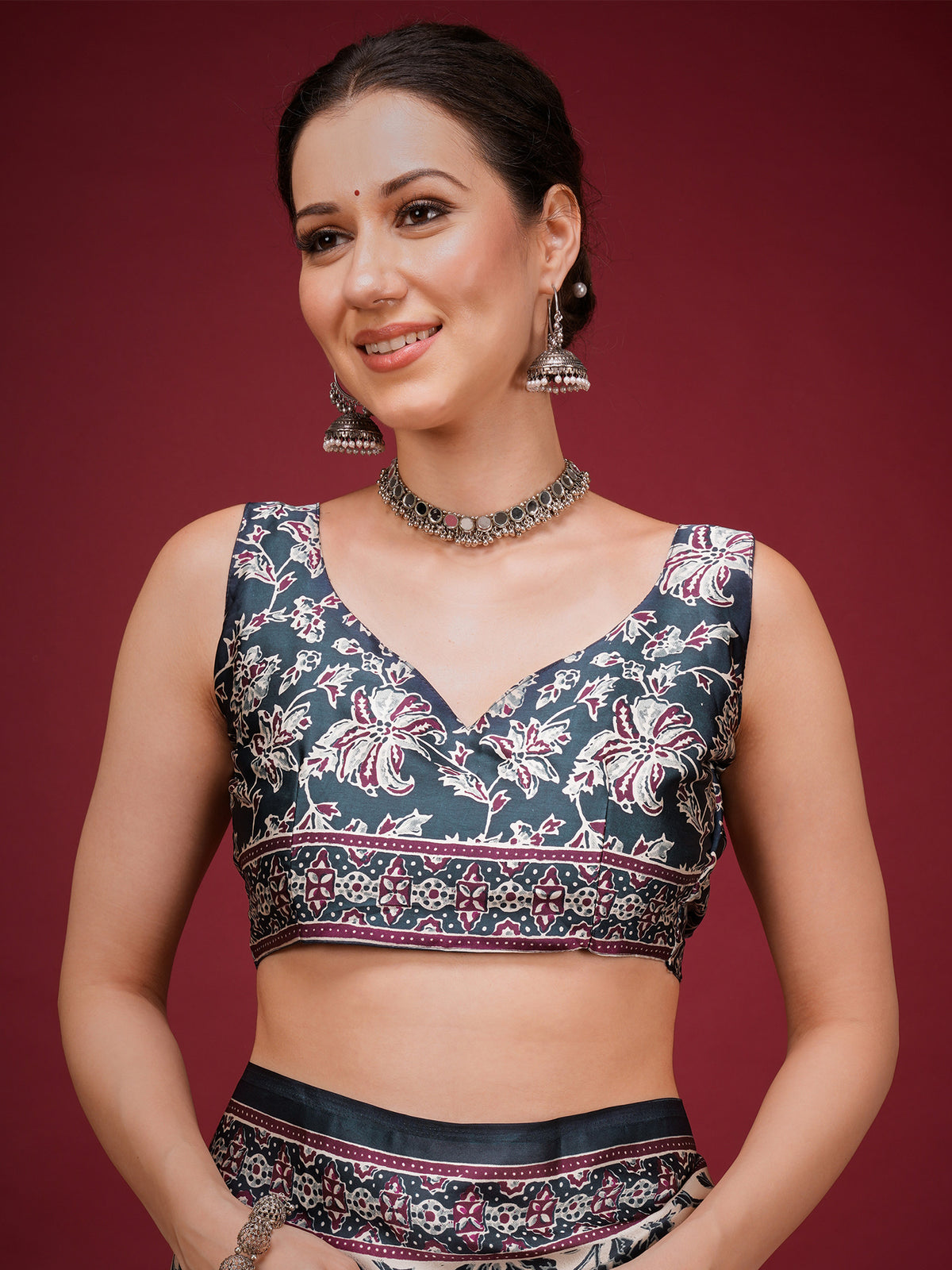 Unstitched navy blue satin blouse piece with ajrak design