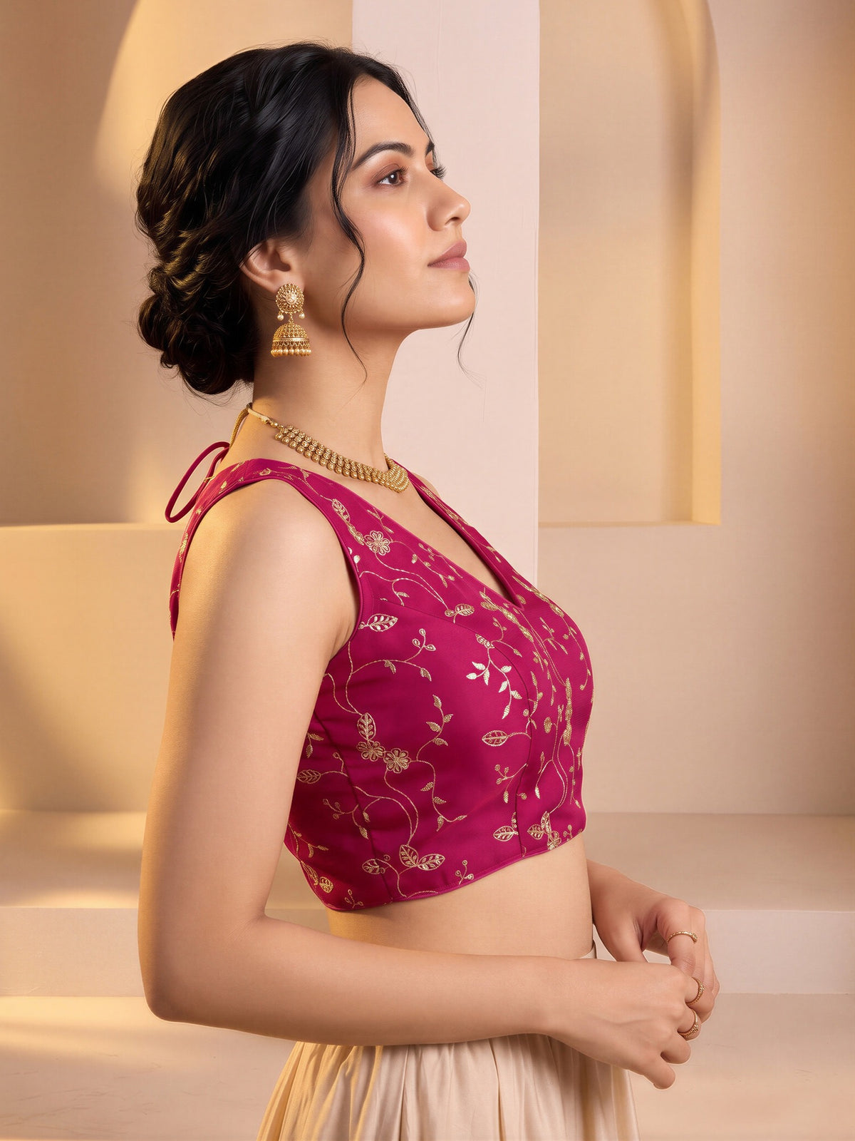 Pink sequin embroidered vichitra silk sleeveless readymade saree blouse with v neck view 2