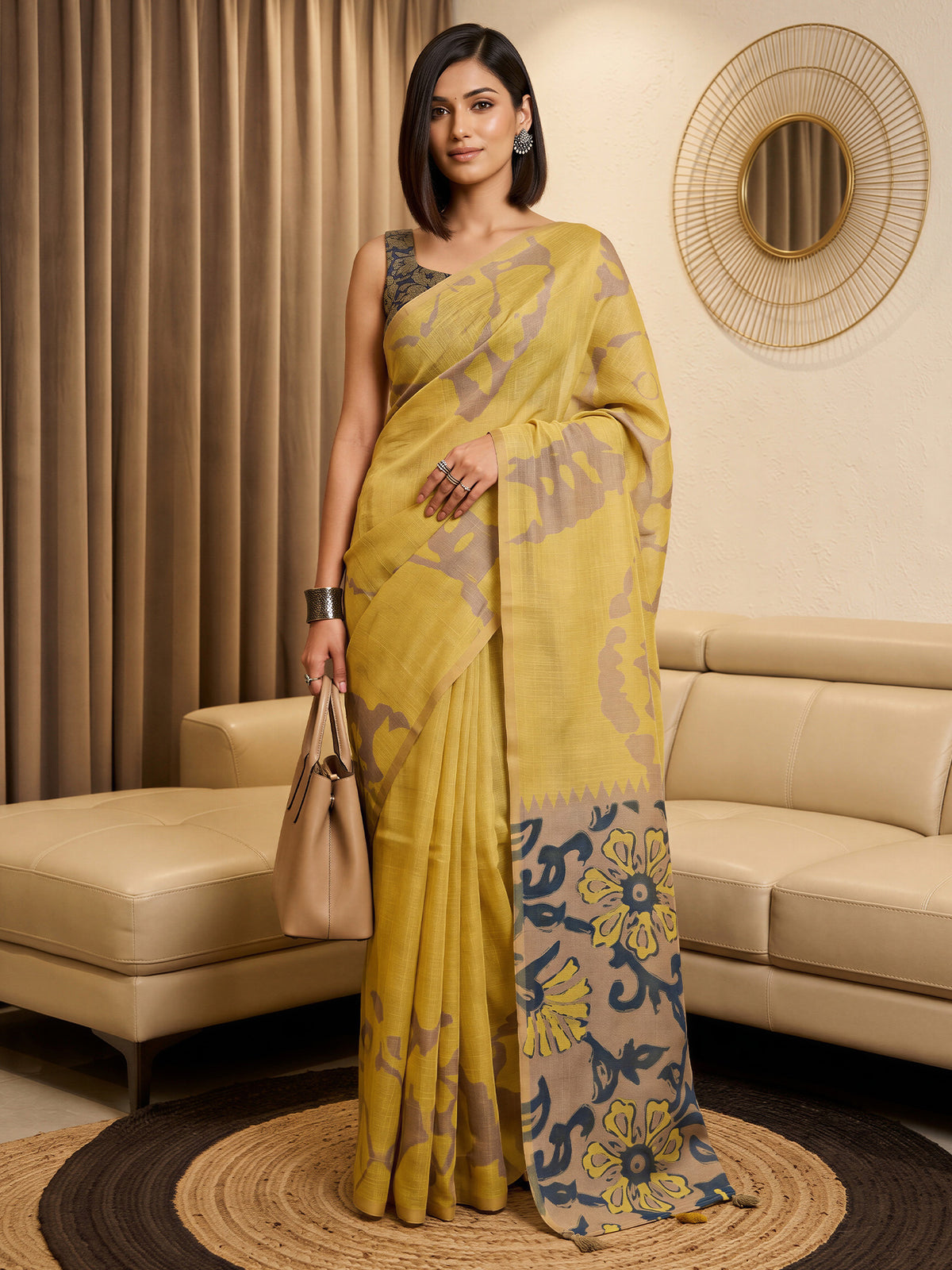 Woman wearing yellow cotton blend saree with shibori resist-dye pattern and blue blouse