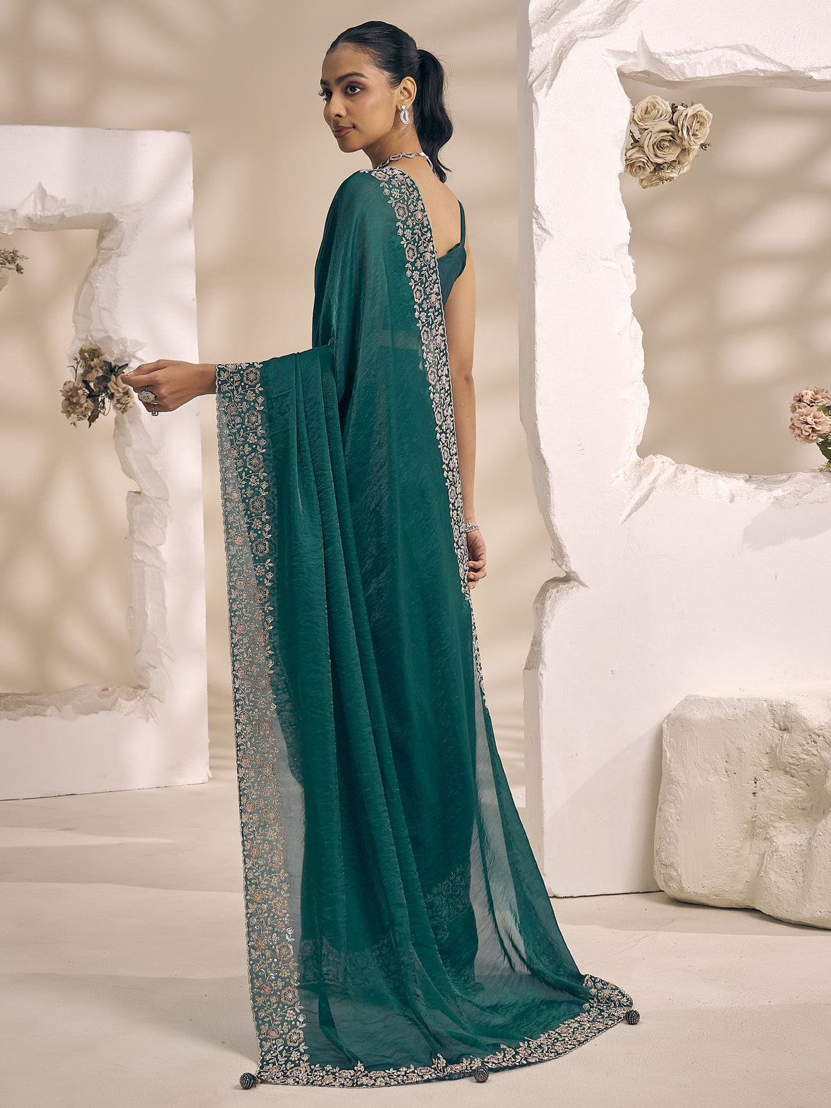 Teal Green satin silk saree view 2
