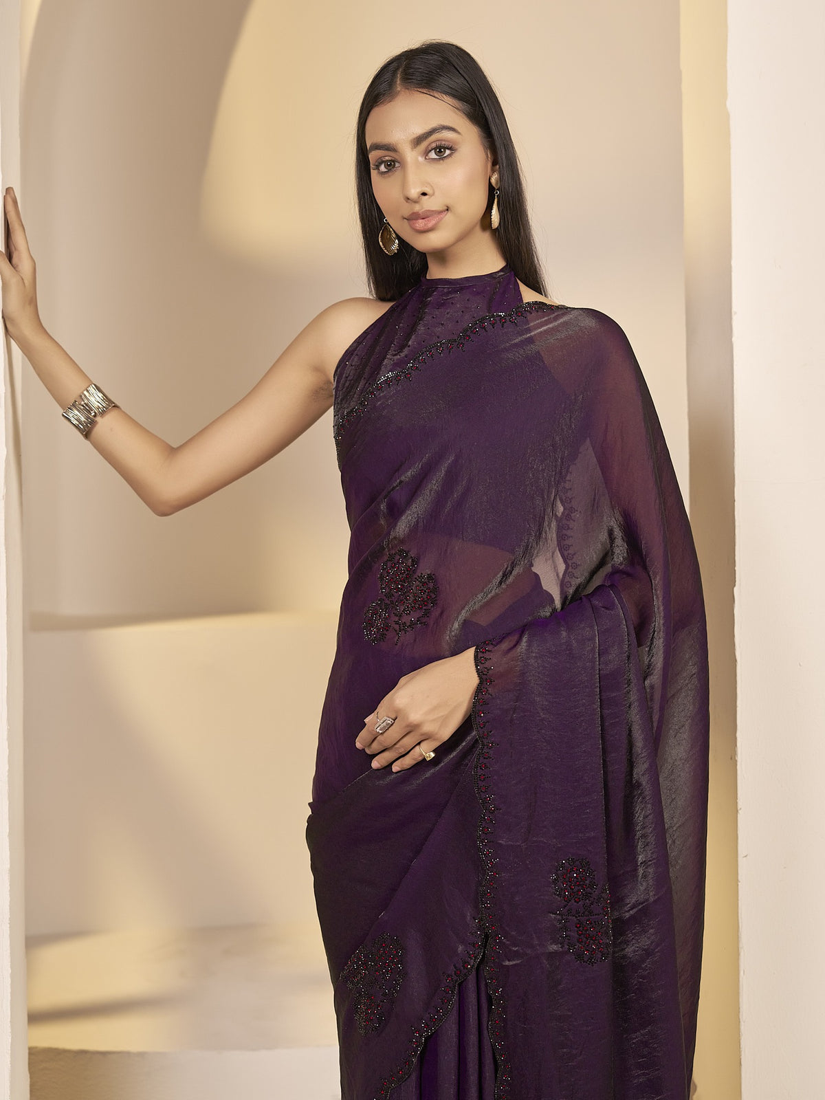 Wine satin silk saree view 5