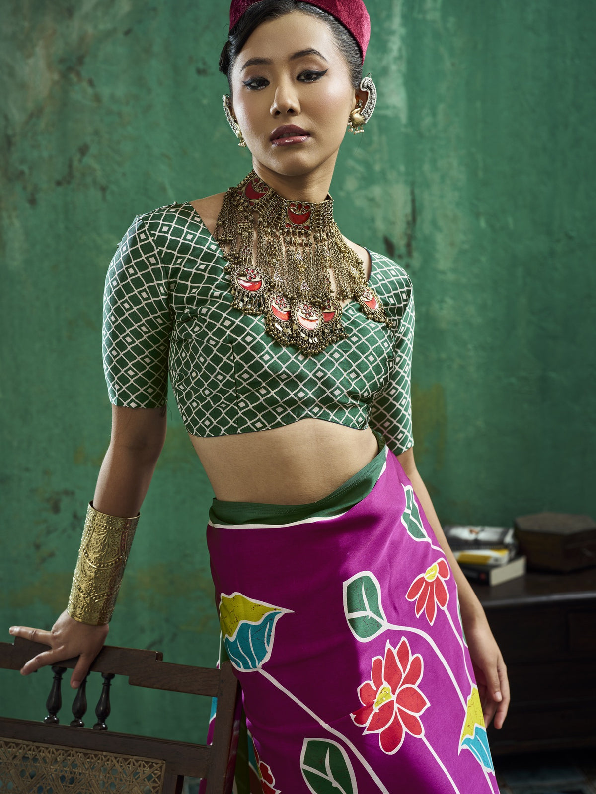 Magenta satin saree view 2