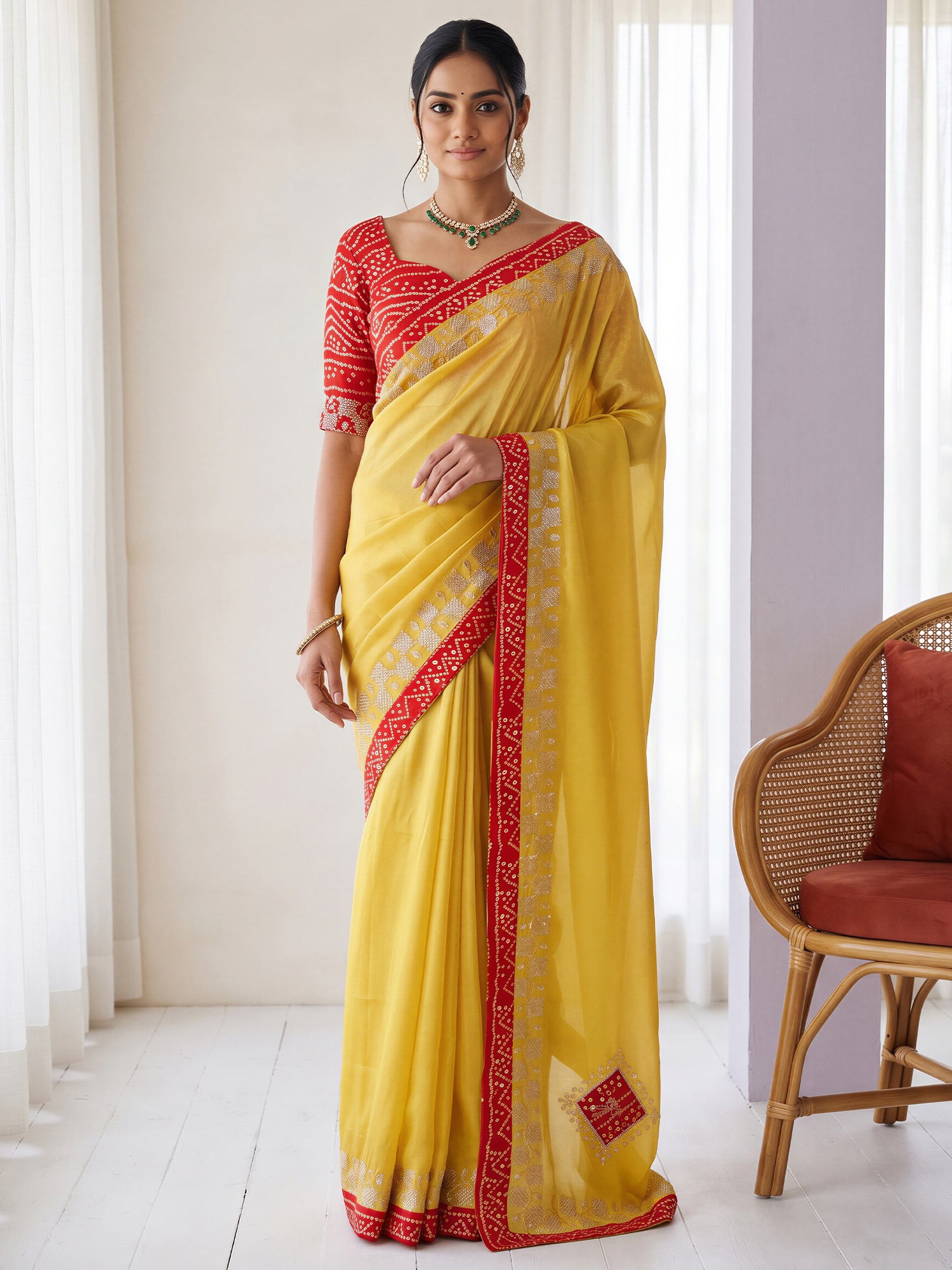 Woman wearing yellow tissue saree with ornamented surface design and red blouse