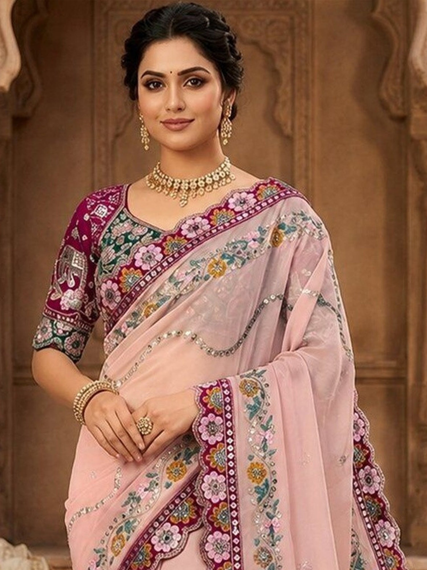 Pink Pure Georgette saree – detail view 3
