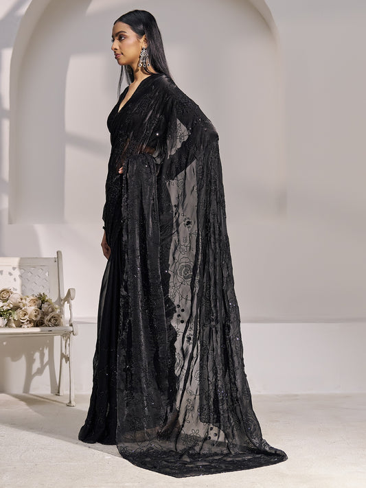 Black satin silk saree view 1