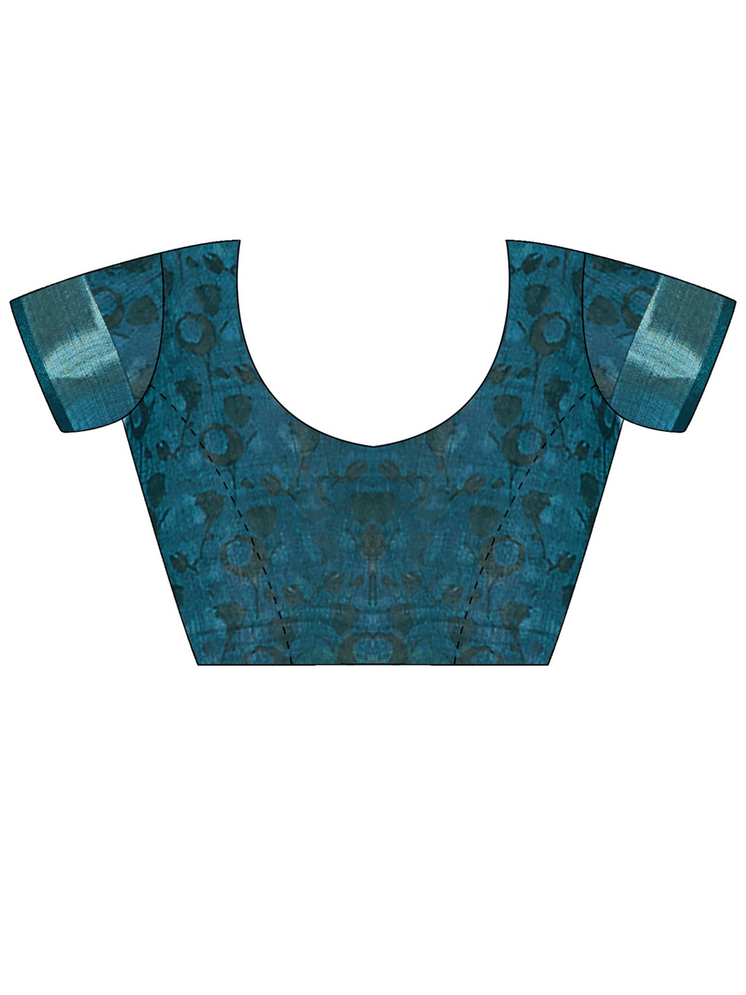 Unstitched teal blue cotton linen blouse piece with ethnic motif design