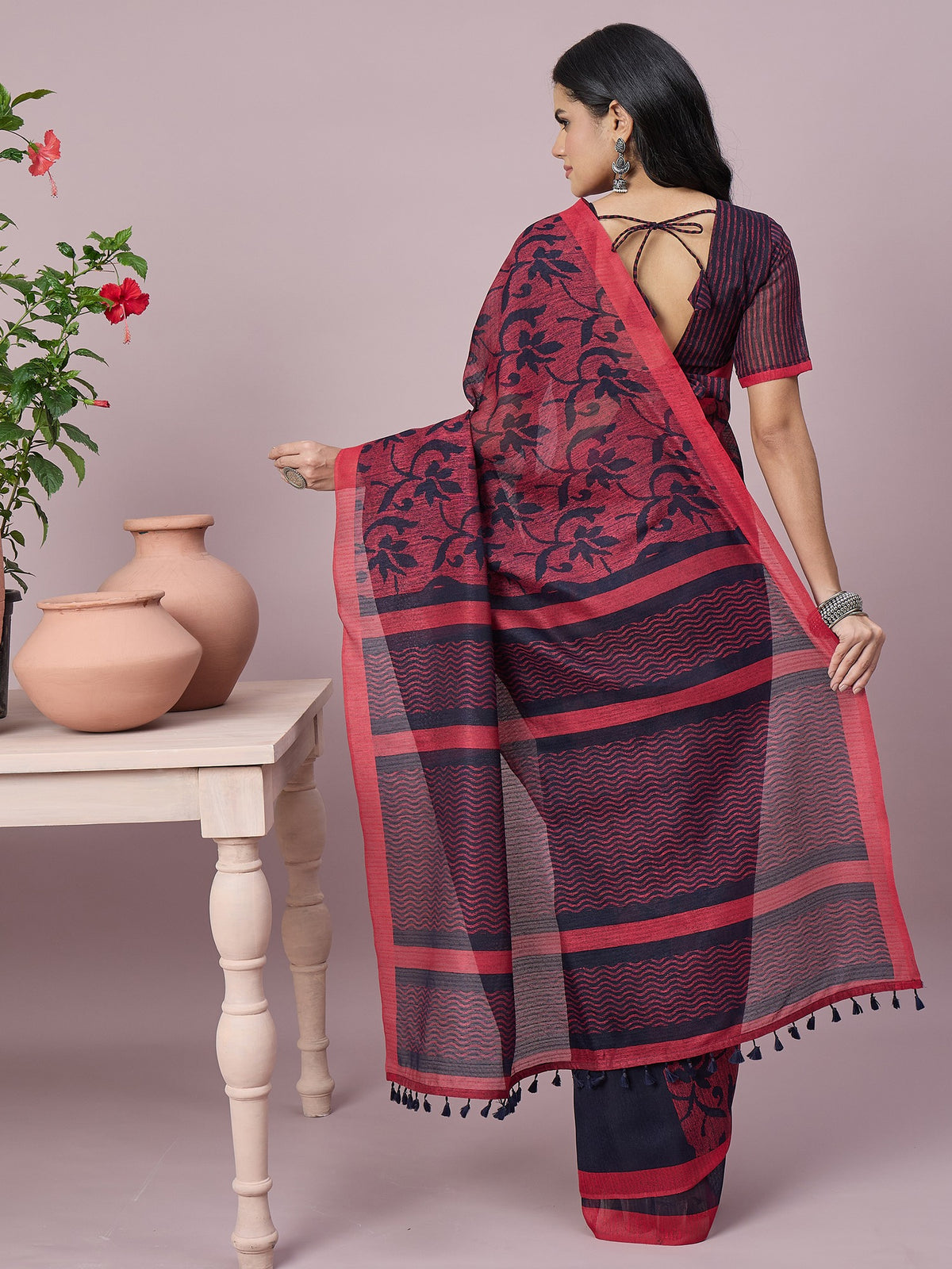 Navy Blue cotton slub saree view 1