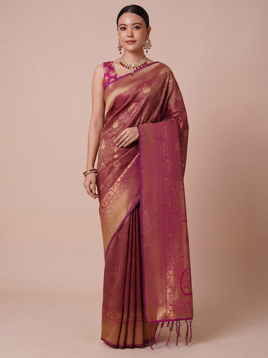 Woman wearing wine silk blend saree with traditional indian motif work and wine blouse