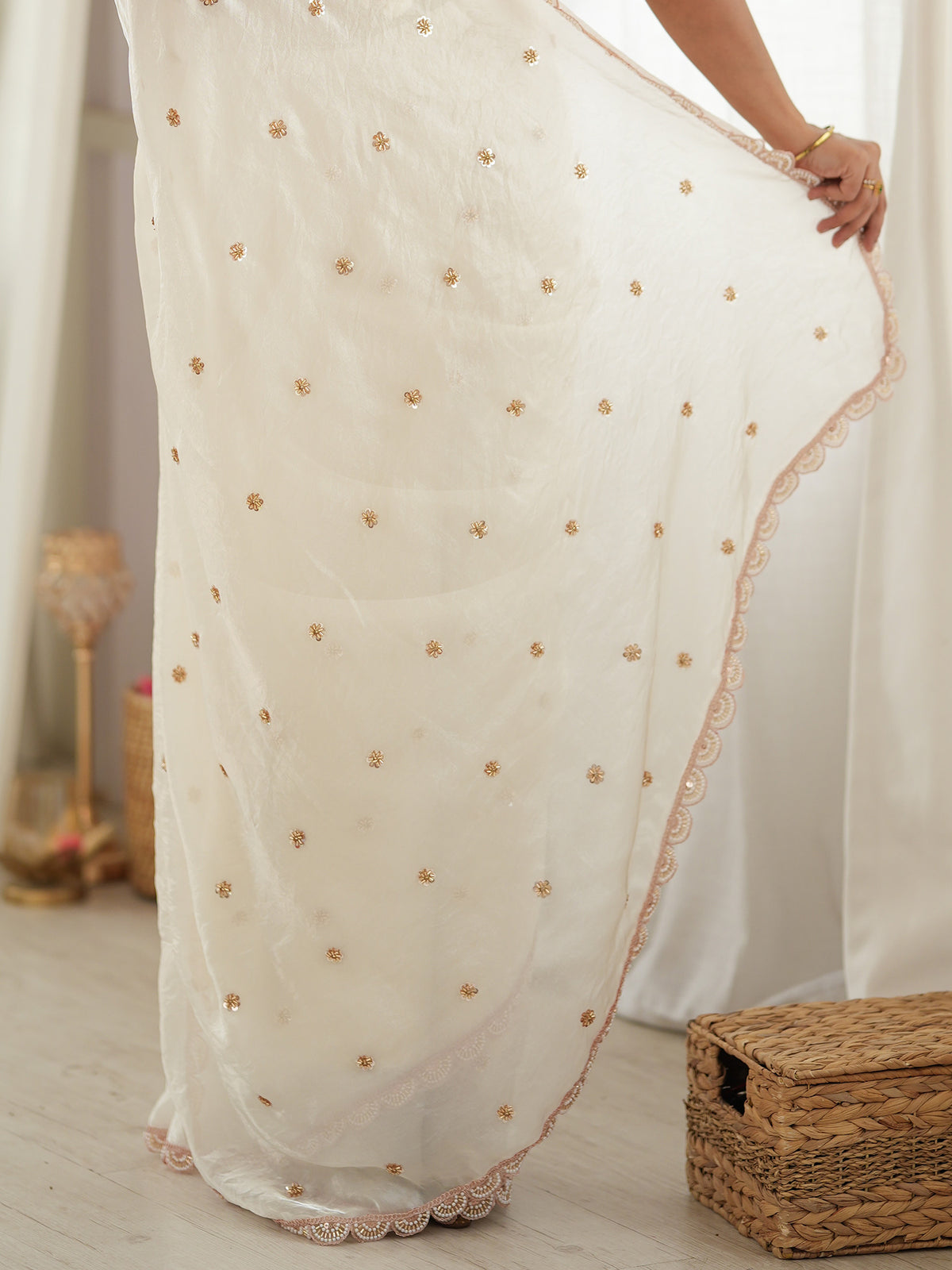 Off White Satin saree – detail view 5