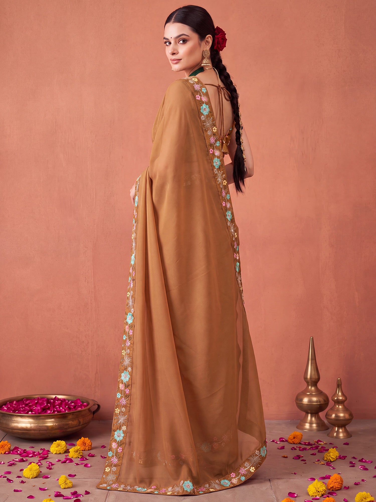 Light Brown Poly Georgette saree – detail view 1