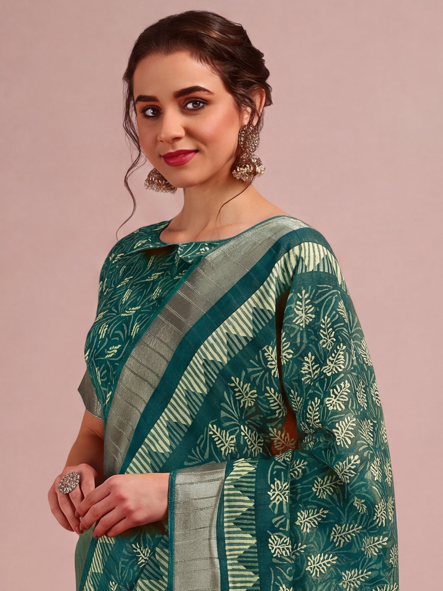 Teal Green Cotton Silk saree – detail view 4