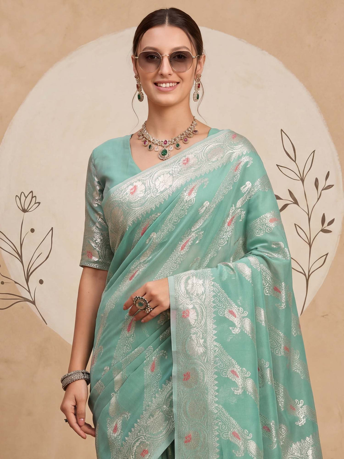 Turquoise Organza saree – detail view 4