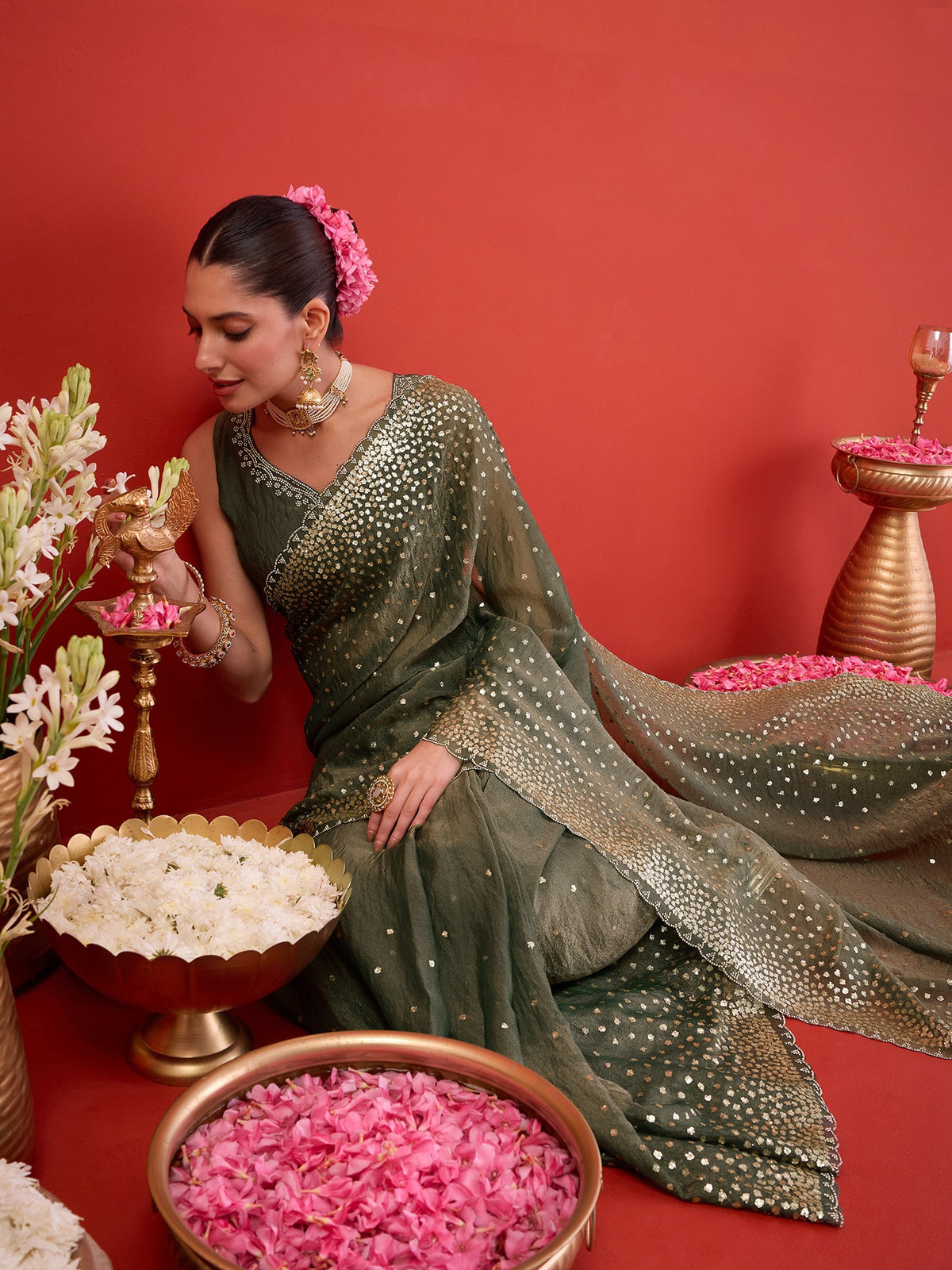 Olive organza saree view 4
