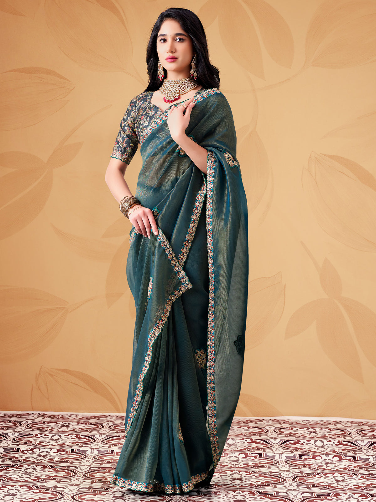 Teal Blue Tissue saree – detail view 1