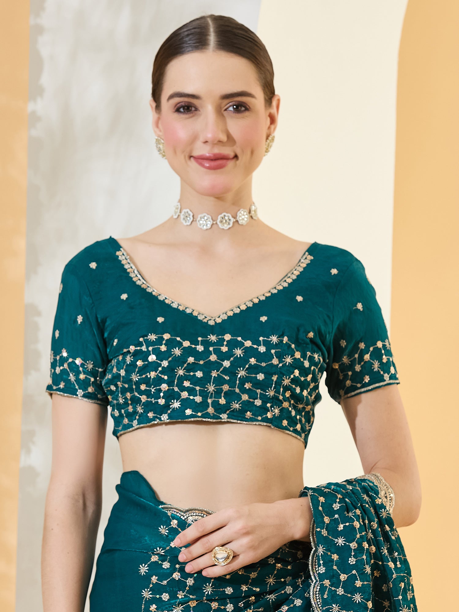 Unstitched teal blue satin blouse piece with embellished design