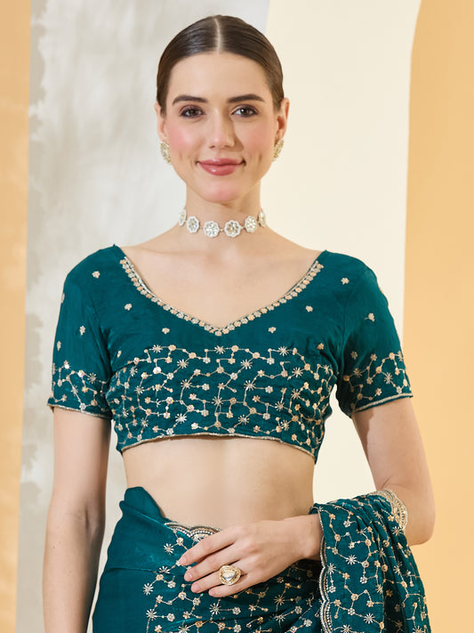 Unstitched teal blue satin blouse piece with embellished design