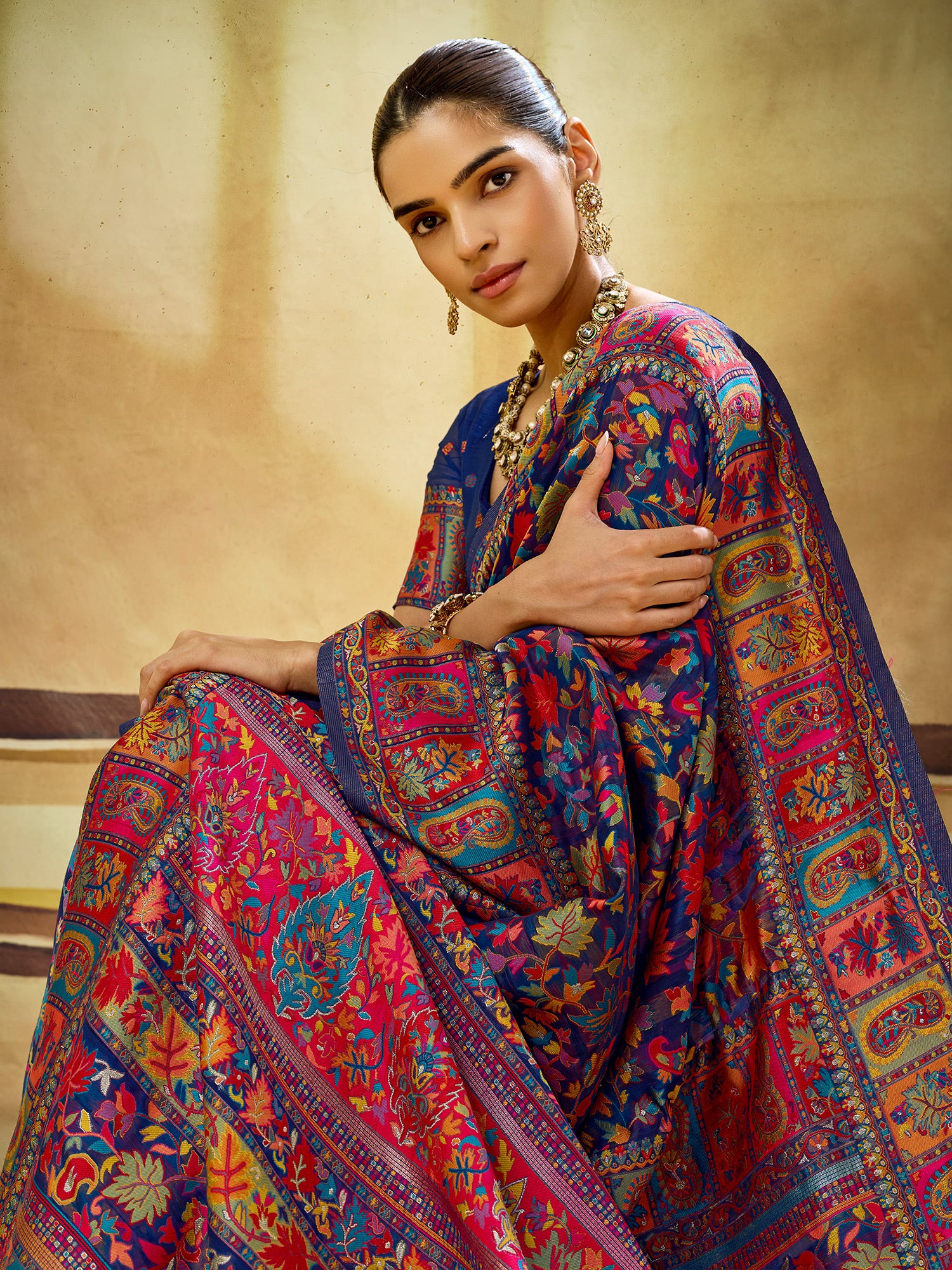 Navy Blue Muga Cotton saree – detail view 4