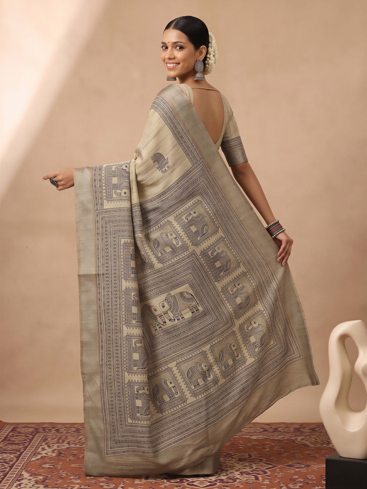 Cream Satin Silk saree – detail view 1