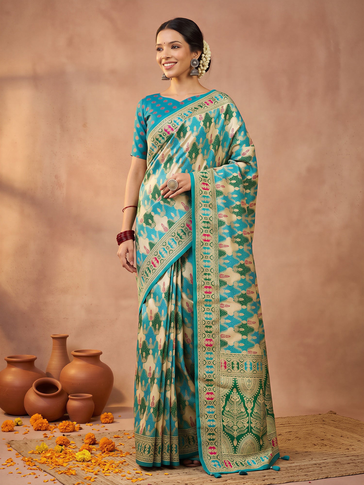 Teal Blue Silk Blend saree – detail view 3