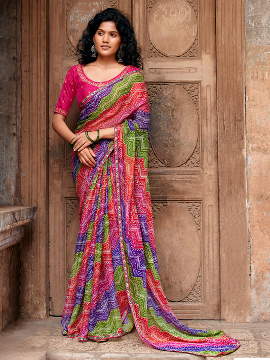 Multicolored leheriya georgette saree with pink blouse piece