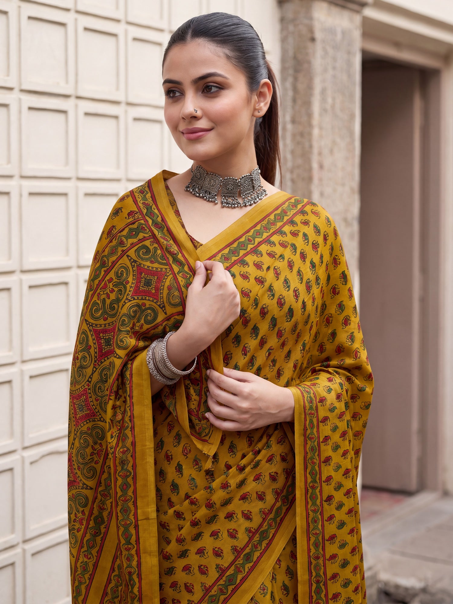 Mustard Pure Crepe saree – detail view 4