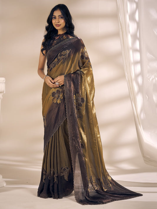 Olive embellished satin silk saree with dark brown blouse piece