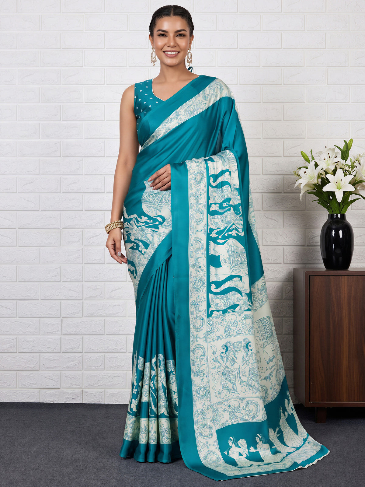 Turquoise Blue Satin saree – detail view 3
