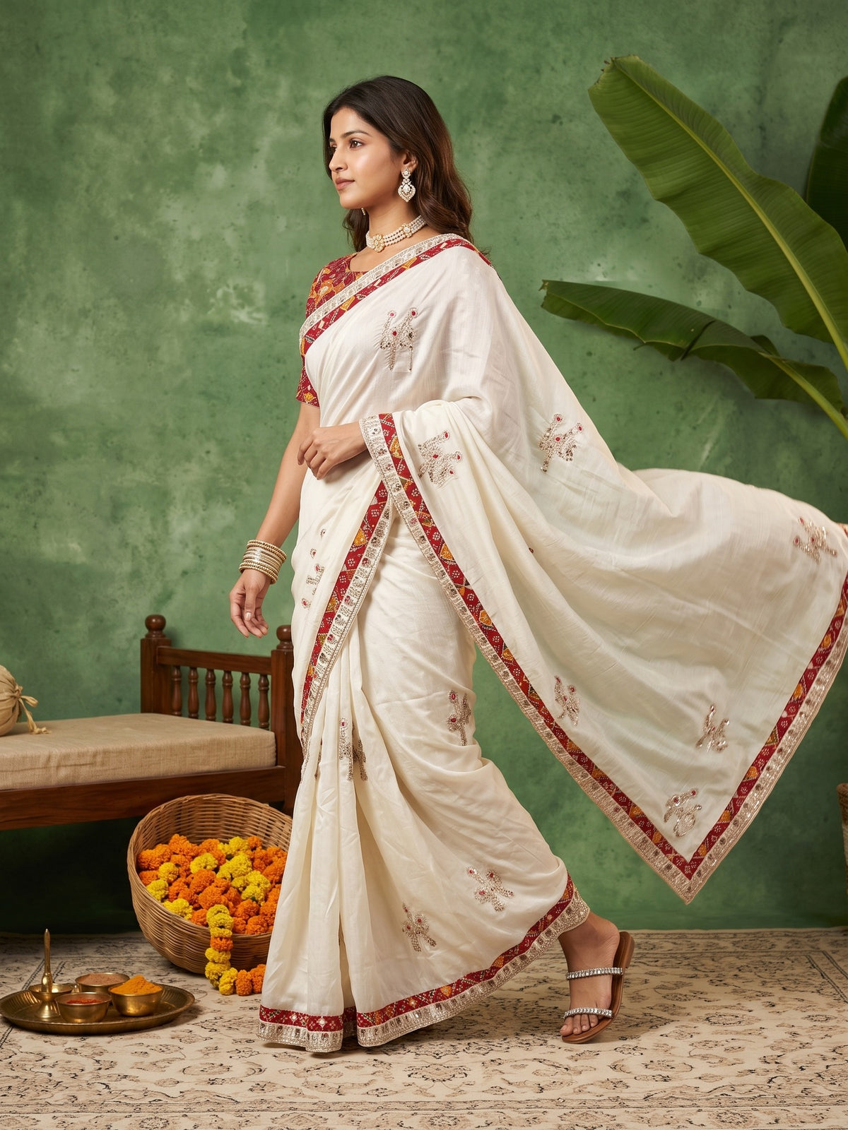 White Dola Silk saree – detail view 4