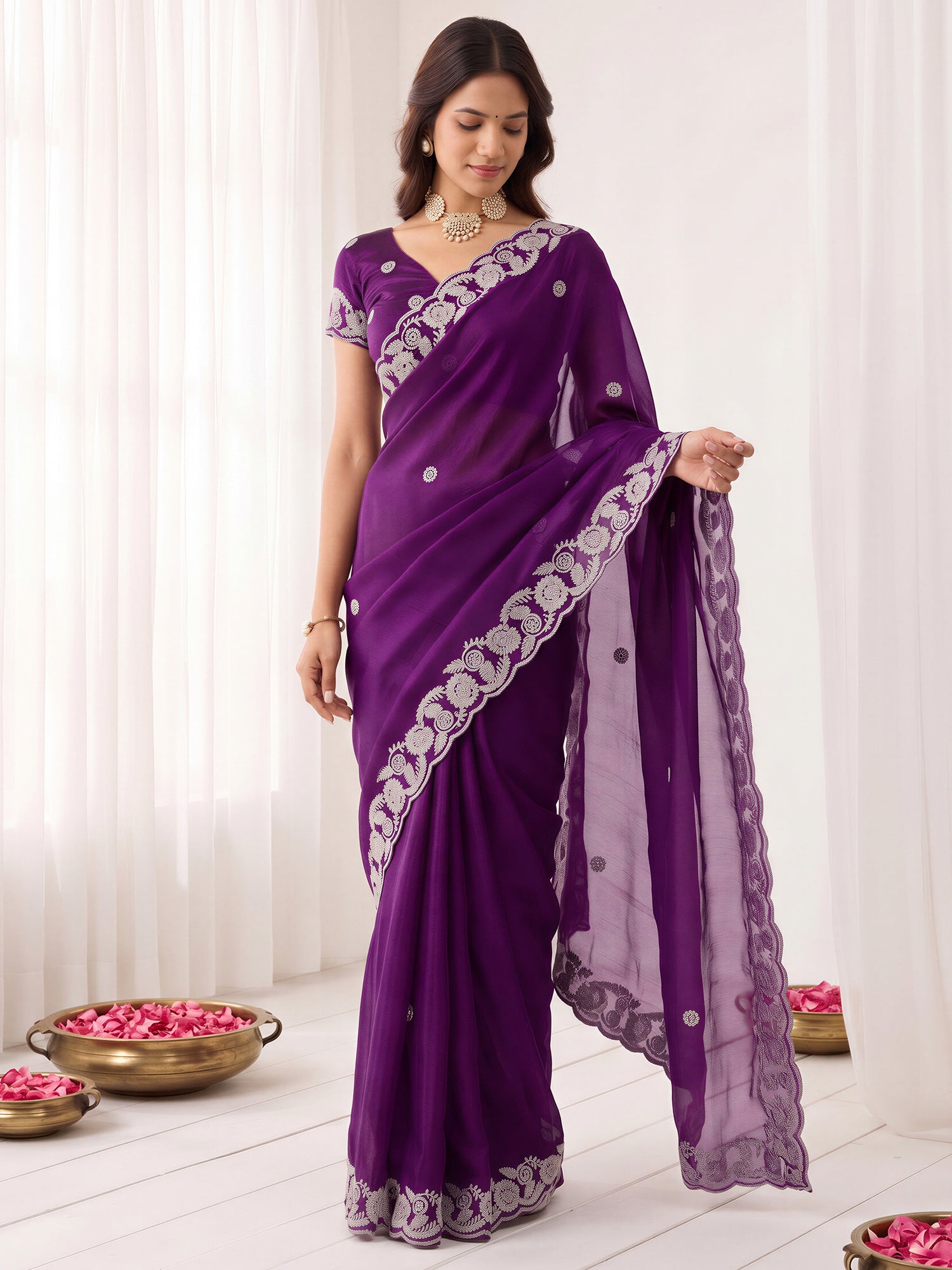 Purple Satin saree – detail view 3