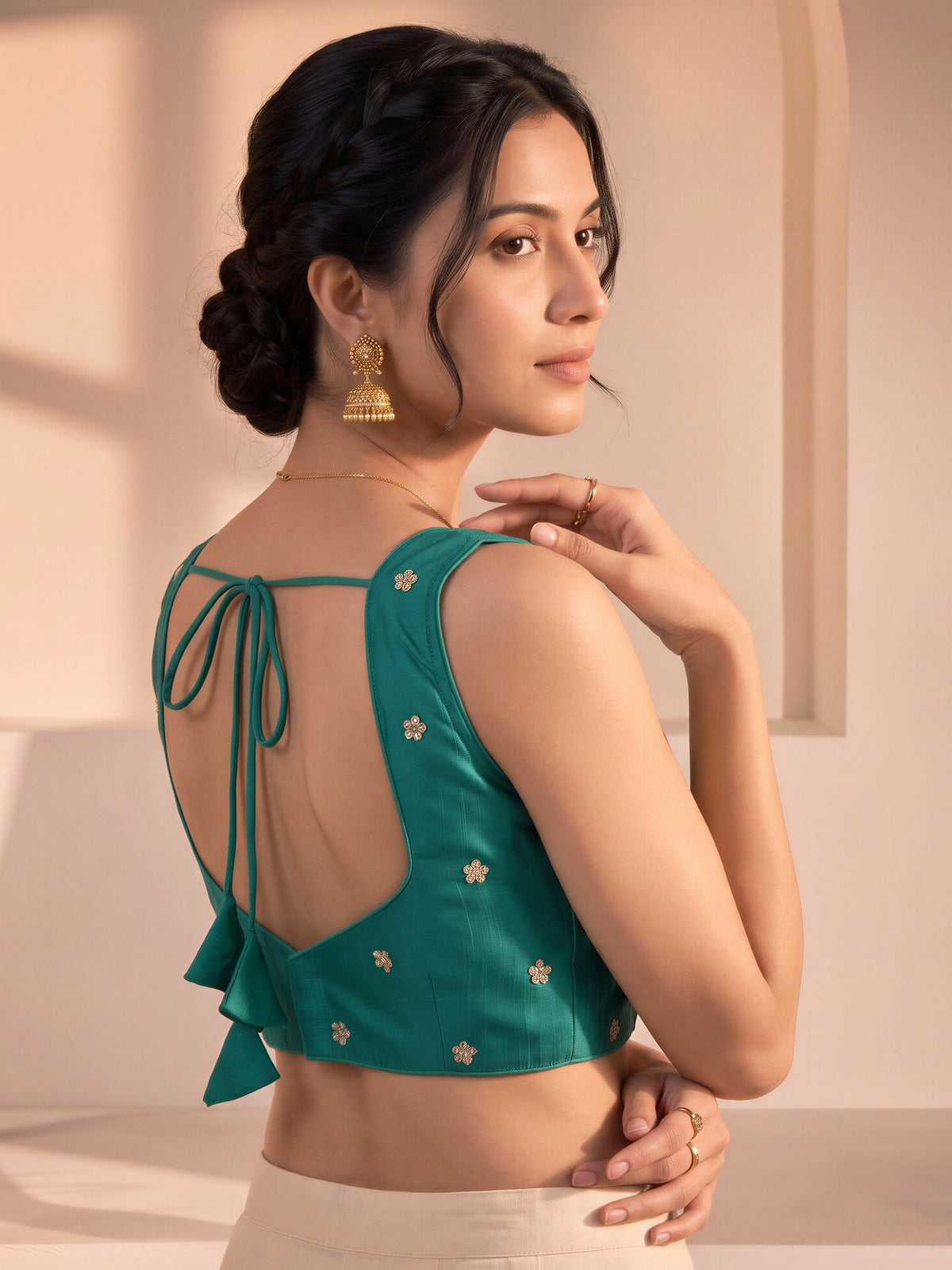 Teal Green sequin embellished vichitra silk sleeveless readymade saree blouse with v neck view 1