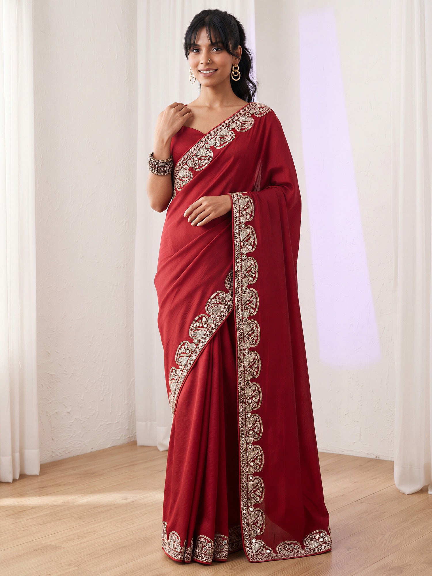 Maroon Vichitra Silk saree – detail view 3